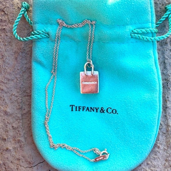 Tiffany & Co Silver Blue Enamel Shopping Bag Charm Pendant Rare Gift Love Cool
